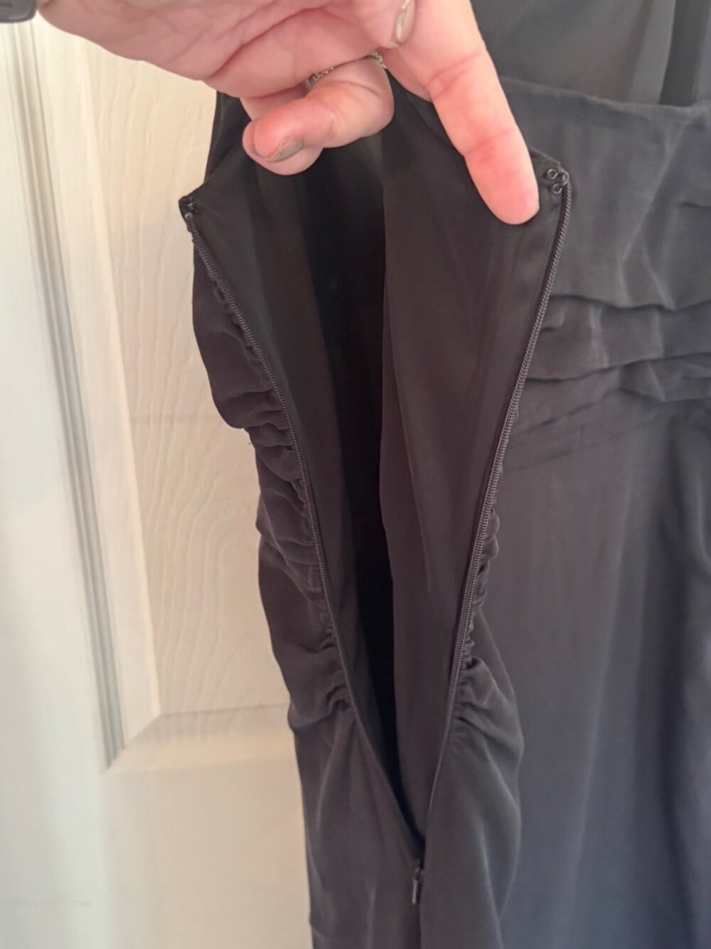 La Ligne Black Silk Midi Sasha Dress Timeless Classic Ruching Side Slit Lined XL - Picture 9 of 15